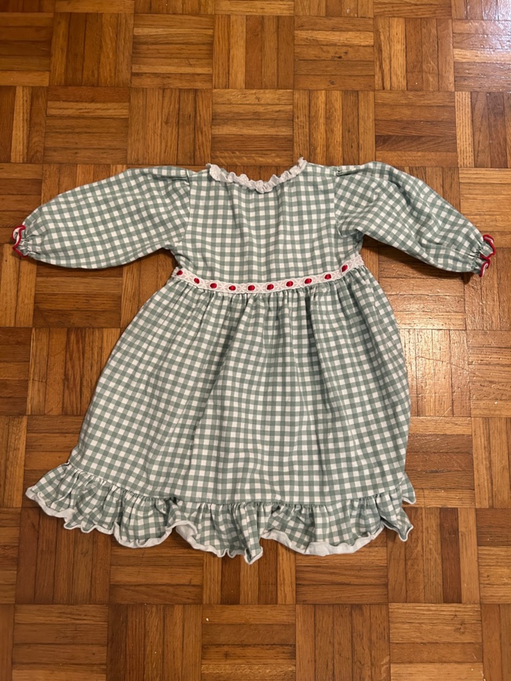 Green Gingham Ruffle Hem Dress with Red Trim